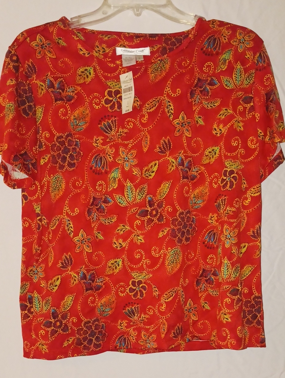 Coldwater Creek Red Floral Short-Sleeve Blouse with Multicolor Leaf Print